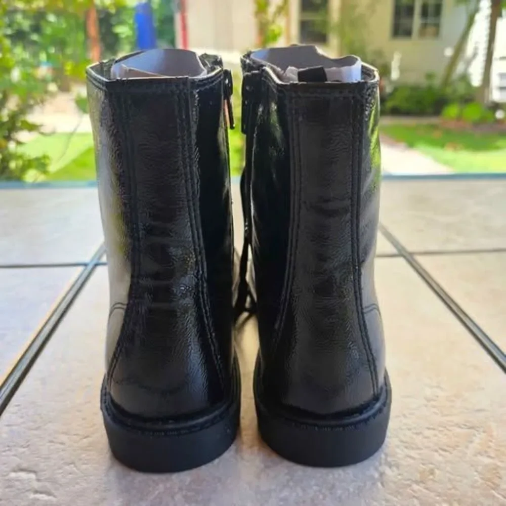 GAP Black Patent Leather Combat Boots with Beaded Chains US 4